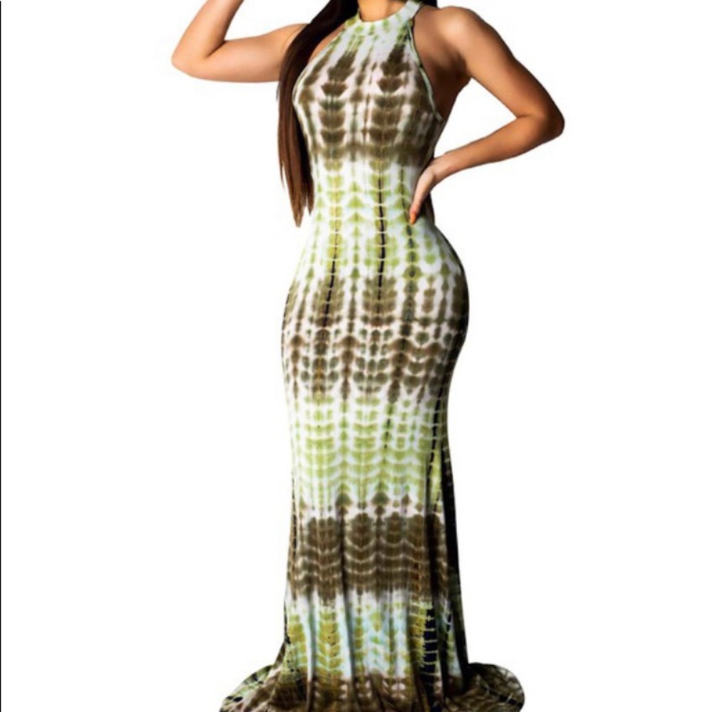 Green multi print maxi dress